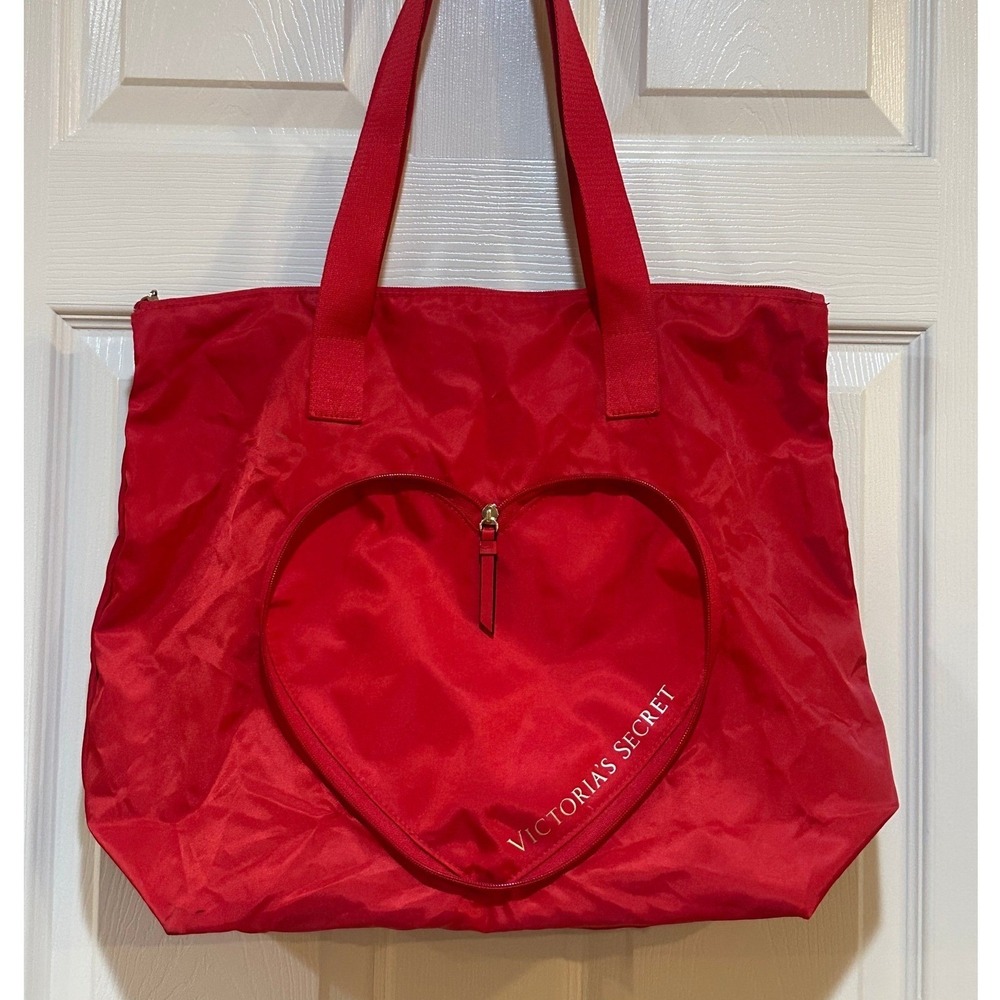 Victoria's Secret Red Nylon Heart Zip Front Tote Bag Gold Logo Shoulder Bag